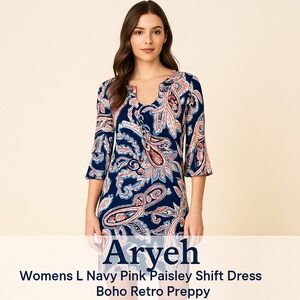 Aryeh Women's Size L Navy Pink Paisley Shift Dress Boho Retro Preppy‎